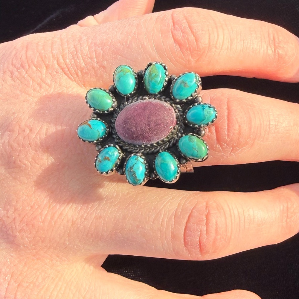 Sterling Kingman Turquoise & Spiny Oyster Cluster Ring 18g VTG